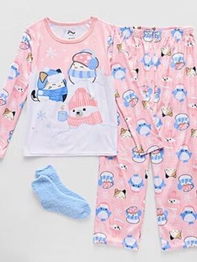 Squishamallow Girls Pink Penguin & Puppy Holiday Pajama Set sz 10